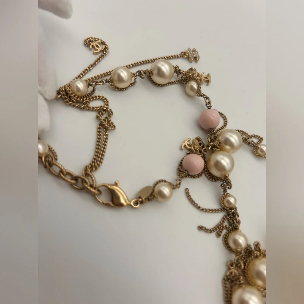 Chanel 100% Authentic Pearl 3 Large CC Long Necklace Silver Pink Tone 20 Inch